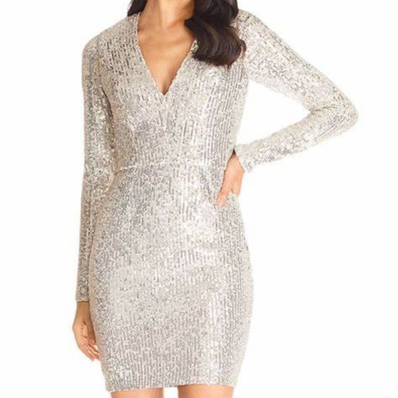 Dress The Population Shauna Sequin Long Sleeve Mini Dress Silver Size S NWOT - Picture 1 of 15